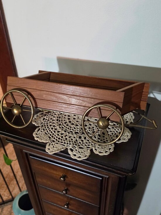 Other - Vintage Wooden Wagon Planter Brass Tone Wheels Farmhouse Decor